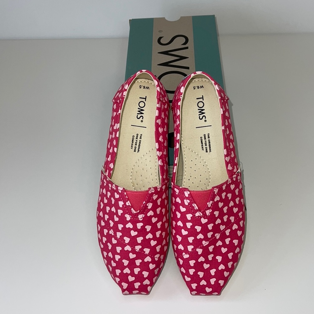TOMS Pink Heart Print Canvas Slip-On Shoes